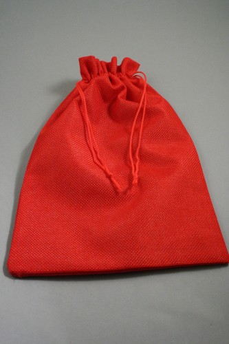 Red Jute Effect Drawstring Gift Bag.  Size Approx 15cm x 10cm.