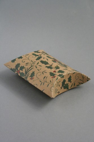 Natural Brown Paper Pillow Pack with Holly Print Size Approx 8.5cm x 8cm x 3cm.