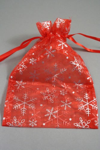 Red Organza Gift Bag with Silver Snowflake Print. Size Approx 22cm x 15cm.