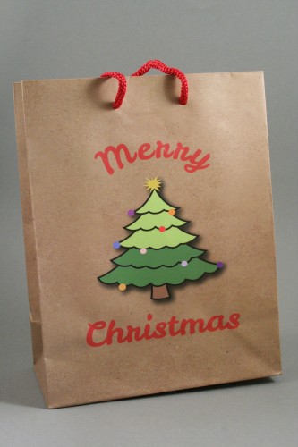 Merry Christmas with Christmas Tree Brown Gift Bag. Red Corded Handles.Size Approx 23cm x 18cm x 9cm.