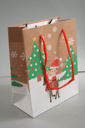 Christmas Scene Elf on a Reindeer Gift Bag with Red Cord Handles. Approx Size 15cm x 12cm x 6cm
