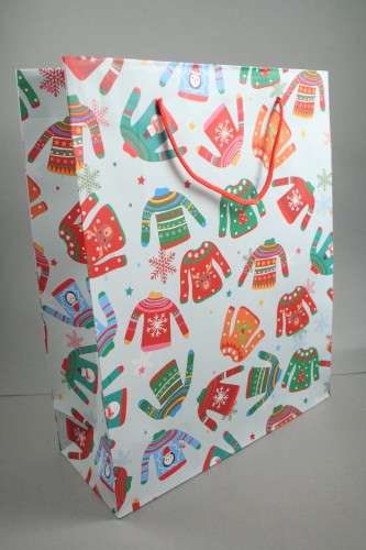 Christmas Jumper Design Gift Bag with Red Cord Handles. Approx Size 32cm x 26cm x 10cm