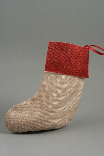 Small Natural Brown Jute Christmas Stocking with Red Trim and Burgundy Satin Loop Size Approx 16cm x 8cm