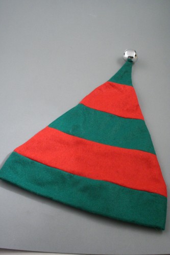 Christmas Striped Elf Hat in Green with Red Trim and Silver Bell. Approx Circumference 58cm - 60cm