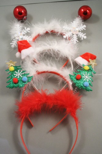 Christmas Deeley Boppers with White/Red Fur Trim and Plastic Aliceband. In Snowflake, Santa Hat, Red Glitter Bauble and Christmas Tree Designs. Clip Strip of 12 Assorted